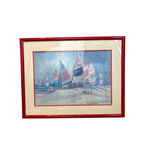 Richard E. Williams Retro 90's Red Framed Beach Boats Artist Signed Lithograph - Picture 5 of 16
